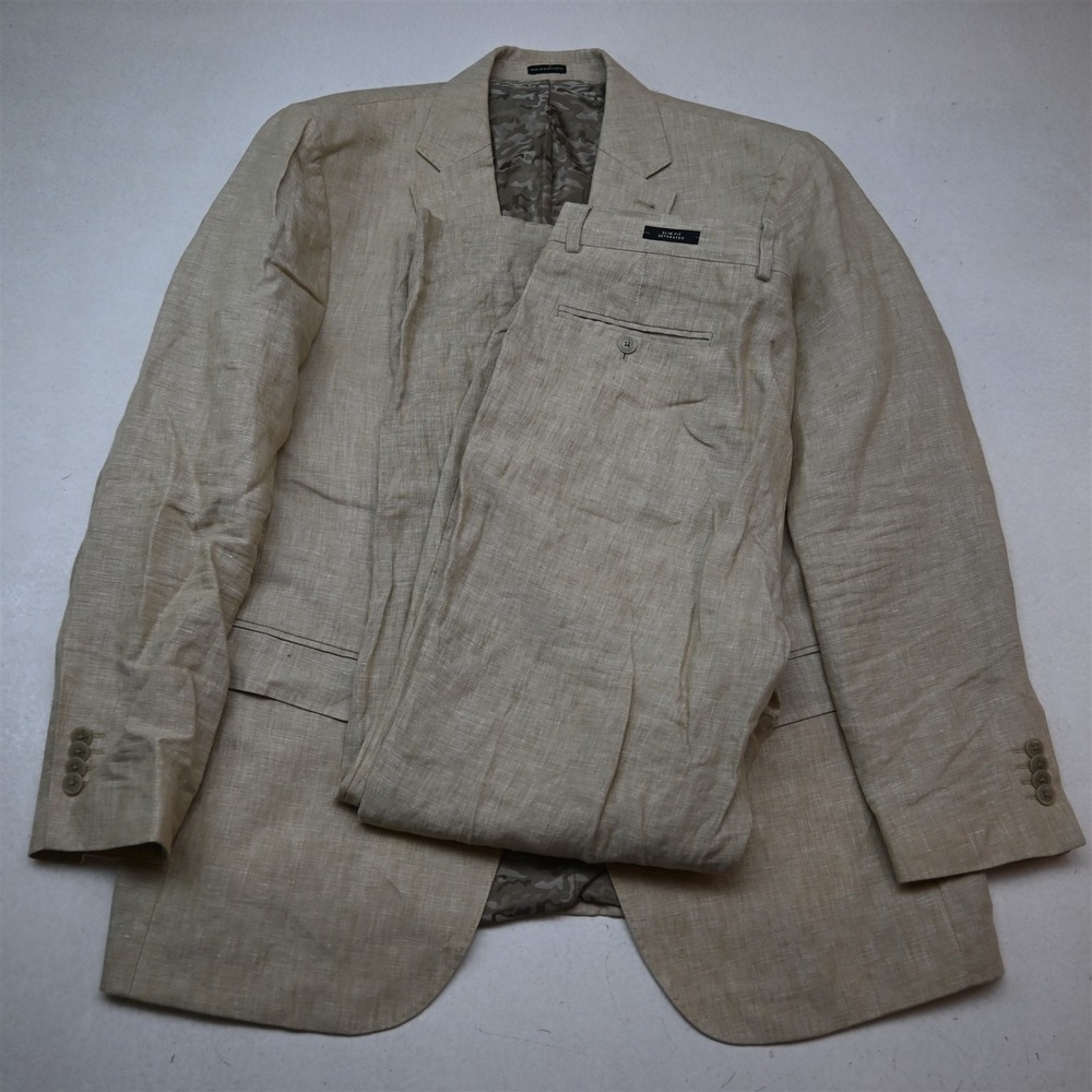 Joseph Abboud 44R 34x32 Beige Khaki 100% Linen Slim Soft Shoulder Mens Suit